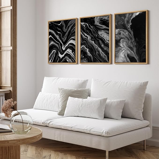 SIGNFORD Framed Wall Art Print Set Monochrome Swirl Abstract Contemporary Black and White Digital Art Modern Art Contemporary for Living Room, Bedroom, Office - 24"x36"x3 NATURAL