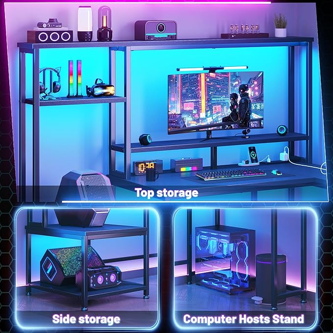 Gaming Desk with LED Lights & Outlets,55" L Shaped Computer Desk with Shelves & Storage Hutch,Reversible Corner Gaming Table with Printer Space & Monitor Stand for Home Office,Black