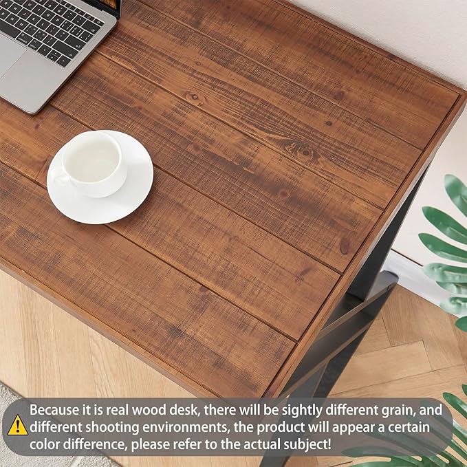 Solid Wood Computer Desk, Modern Real Wood Home Office Desk, Long Rustic Farmhouse Natural Wood Writing Desk, Executive Workstation PC Desk Table for Living Room Bedroom, Brown, 55 inch