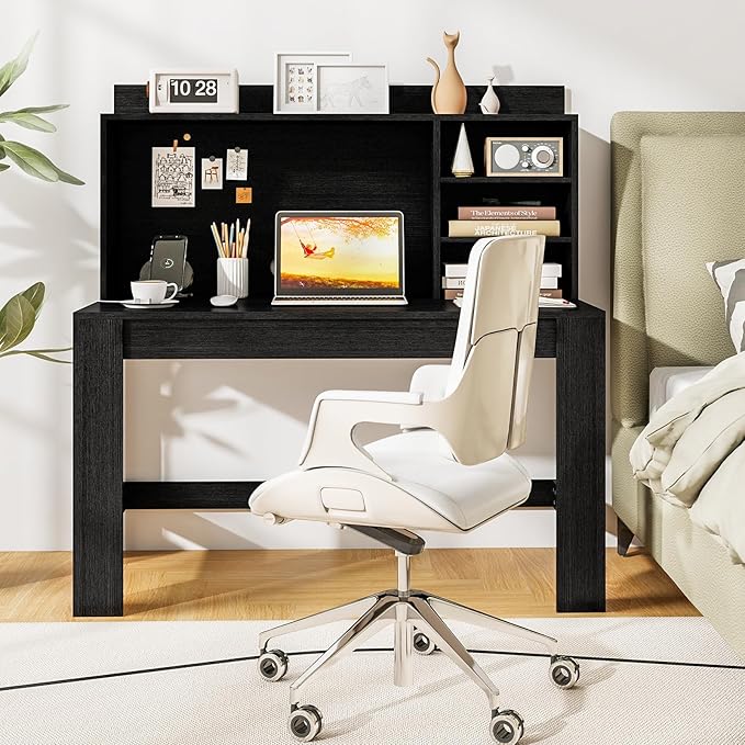 Tangkula Computer Desk with Hutch & Charging Station, Home Office Writing Study Desk with Storage Shelves, Cable Management Hole, Laptop Desk, Desk for Bedroom, Computer Workstation (Black)