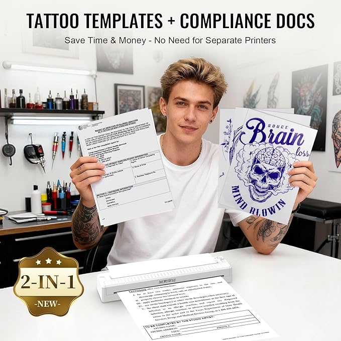 2026 New 2 in 1 Tattoo Stencil & Document Printer, Wireless Bluetooth Thermal Printer - HD Fast Transfer, Portable Easy-to-Use for Tattoo Artists/Shops, Travel, Home, Office - White