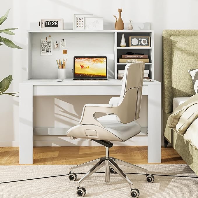 Tangkula 48“ Computer Desk with Hutch, Home Office Writing Study Desk with Storage Shelves, Cable Management Hole, Laptop Desk, Desk for Bedroom, Computer Workstation (White)