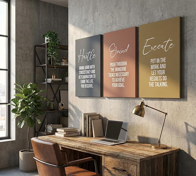 3pcs Inspirational Quotes Canvas Wall Art Uplifting Motivational Positive Office Wall Decor Pictures Hustle Execute Success Quotes Posters Prints for Living Room Bedroom Man Cave Decorations