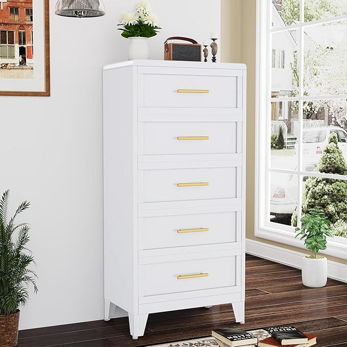 53.46" Tall Dresser for Bedroom 5 Drawers, Metal Dresser Chest of Drawers, Circular Drawer Cabinet for Home,Filing Cabinet with Drawers for Office (White)