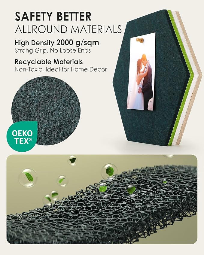 MaxGear 8Pcs Large Hexagon Felt Cork Board Tiles, Green Self-Adhesive DIY Bulletin Board Pin Board for Office School Home Wall Decor Stickers Photos Display Memos