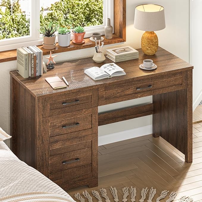 Vabches Farmhouse 47" Executive Desk with File Drawer, Wood Computer Desk with 3 Storage Drawers, Workstation for Home Office, Writing, Study,Red-Brown.