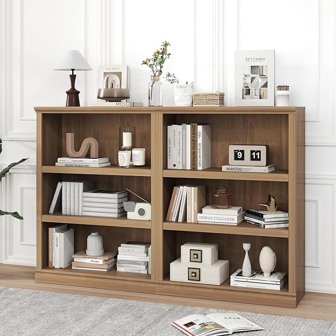 blini Bookshelf and Bookcase Set of 2, Wooden Oak Double Wide Large Bookshelves 3 Tier Bookshelf with Storage Cabinets for Living Room, Home Office, Library (Oak, 3-Shelf)