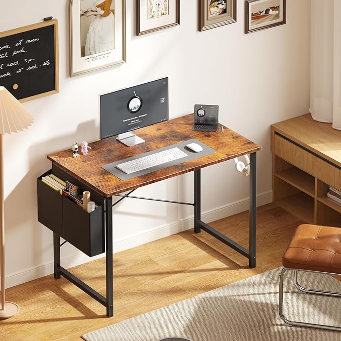 OLIXIS Computer Desk 40 Inch Home Office Desks for Small Spaces, Gaming Writing Study Work Table with Storage Bag and Headphone Hook for Bedroom, Rustic Brown