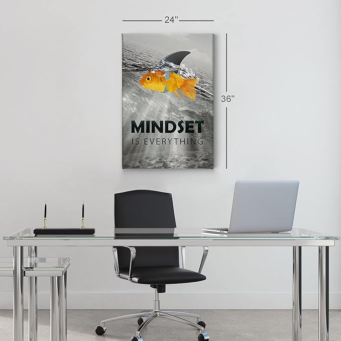 Smile Art Design Black and White Mindset is Everyting Orange Fish vs Shark Motivational Wall Art Canvas Print Inspirational Entrepreneur Quote Office Living Room Decor Gift Ready to Hang 22x15