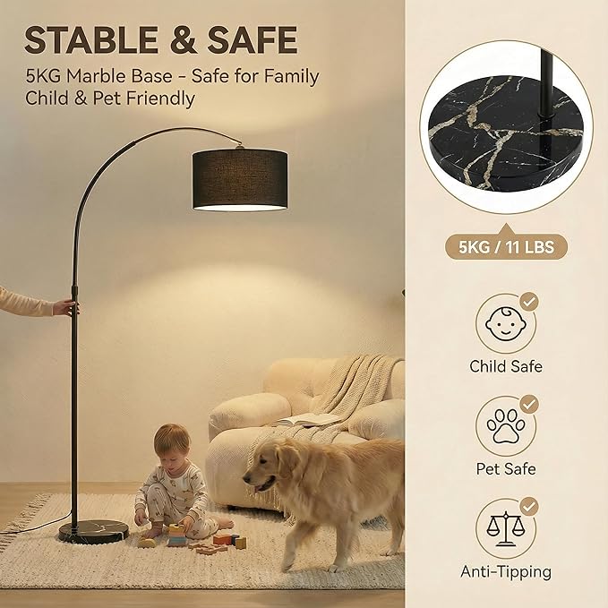 Arc Floor Lamp with Fan Head, Dimmable Floor Lamps with Remote, 3 Color Temperatures Adjustable Standing Lamp, Bright Reading Floor Lamp with Marble Base for Living Room Bedroom