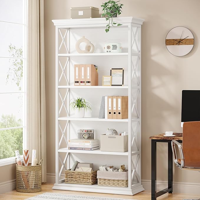 Tribesigns 6-Tier Bookcase Set of 2, 71 Inches Industrial Bookshelves and Bookcases, Floor Standing 5 Shelf Display Storage Shelves Tall Bookcase for Home Office, Living Room, Bed Room, White