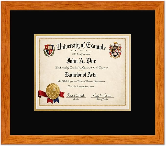 CountryArtHouse Diploma Frame Fits 10 x 8 Professional License - Keepsake Graduation Display Honey Oak Genuine Hardwood with Black Over Metallic Gold Double mat