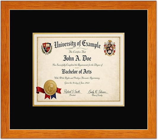 CountryArtHouse Diploma Frame Fits 10 x 8 Professional License - Keepsake Graduation Display Honey Oak Genuine Hardwood with Black Over Metallic Gold Double mat