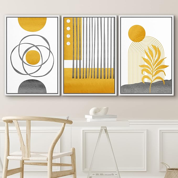 IDEA4WALL Framed Canvas Print Wall Art Set Geometric Mid-Century Gold Jungle Plant Polygons Abstract Shapes Illustrations Modern Art Nordic for Living Room, Bedroom, Office - 24"x36"x3 White