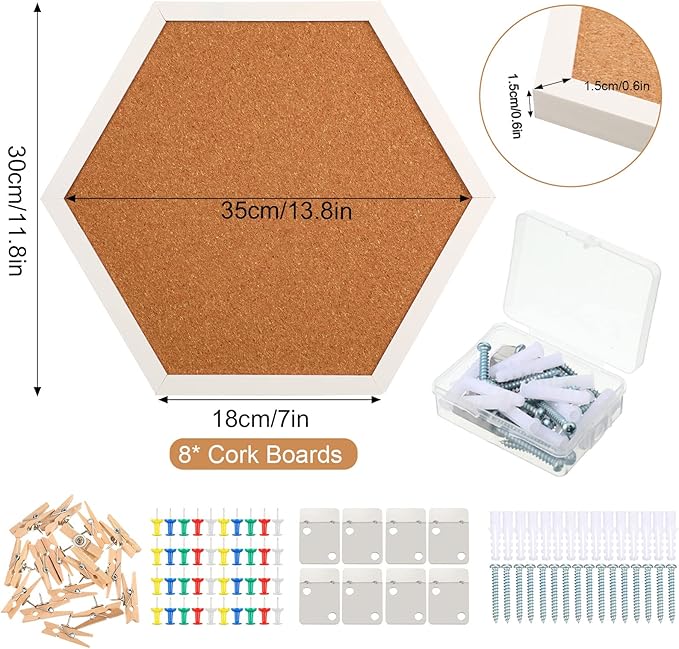 Treela 8 Packs Cork Bulletin Board with Frame, Decorative Linen Bulletin Cork Board Small Push Pin with 32 Push Pin 16 Clips for Office Welcome Back to School Wall Home Supplies(White,Hexagon)