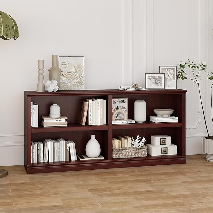 blini Low Horizontal Bookshelf Double Wide 64" 2-Tier Bookcase 4 Cube Storage Organizer Cherry Wood Bookcases for Bedroom and Home Office Decor Display