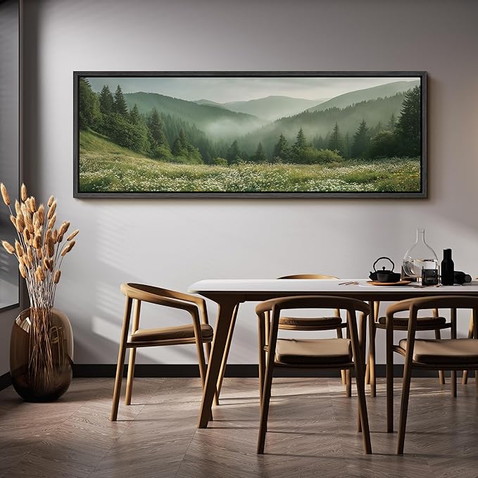 SIGNFORD Large Framed Canvas Print Wall Art Misty Green Valley Meadow Landscape Illustrations Modern Art Calm Warm for Living Room, Bedroom, Office - 60"x20"