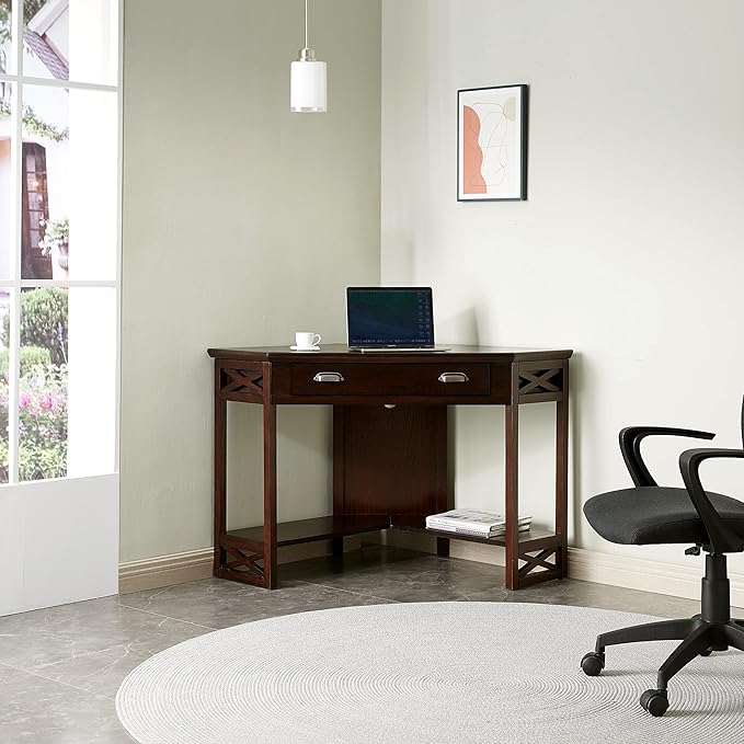 Leick Home 81430 Corner Computer/Writing Desk with Drawer and Shelf, Chocolate Oak