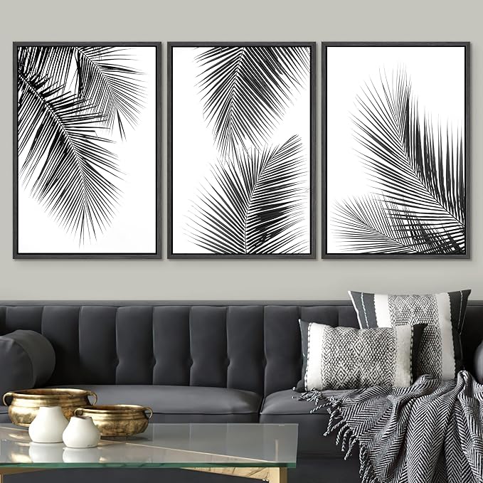SIGNWIN 3 Piece Framed Canvas Wall Art Black and White Tropical Leaves Canvas Prints Home Artwork Decoration for Living Room,Bedroom - 16"x24"x3 Black
