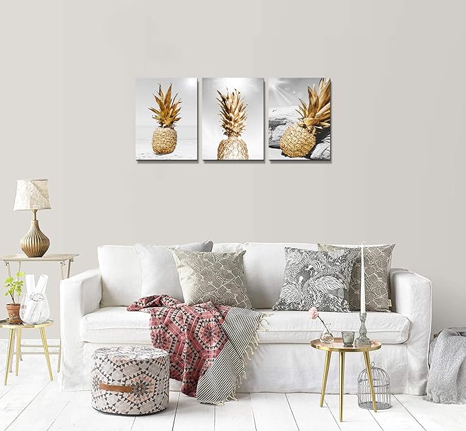 TTHYUEWS Canvas Wall Art for bar kitchen Living Room Office Bathroom home decoration Board Black and white Beach scenery golden Pineapple pictures Artwork restaurant Wall Decor Ready to Hang