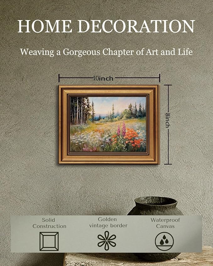 Gold Framed Wall Art Vintage Floral Canvas Wall Art Wildflower Field Rustic Landscape Sunset Sky Artwork Prints Picture for Living Room Bedroom Farmhouse Bathroom Office Decor, 8x10