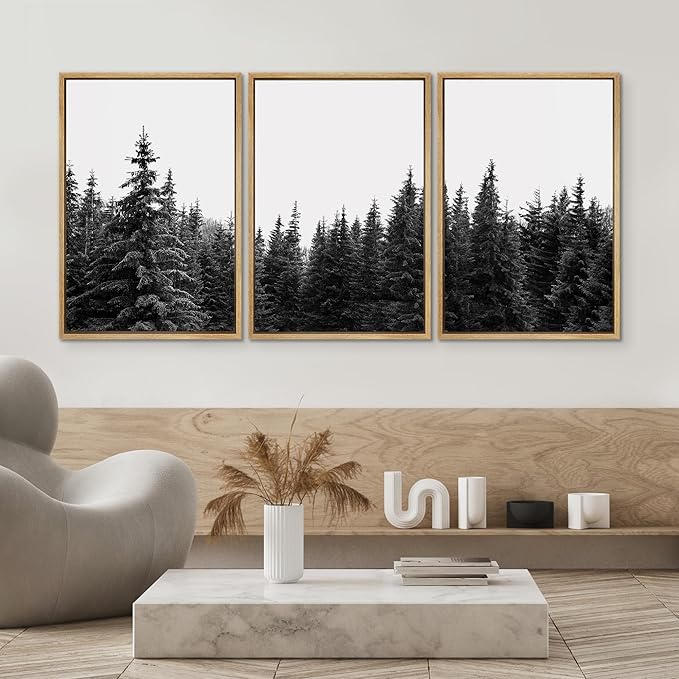 SIGNWIN 3 Piece Framed Canvas Wall Art Woodland Nursery Decor Black and White Forest Photo Nature Abstract Traditional Home Artwork Decoration for Living Room,Bedroom - 16"x24"x3 Natural
