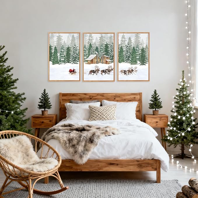 CHDITB Santa Claus Reindeer Sleigh Framed Canvas Wall Art(16"x24"), 3 Panels Christmas Winter Holiday Artwork Prints, Large Rustic Xmas Gift Snow Scene Forest Landscape Decor for Home Office Bedroom
