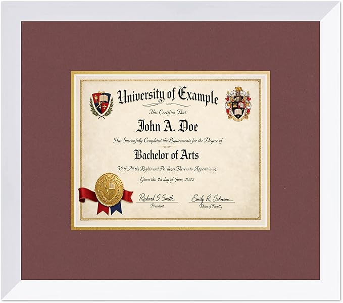 CountryArtHouse Diploma Frame Fits 10 x 8 Professional License - Keepsake Graduation Display Bright White Genuine Hardwood with Dark Red Over Metallic Gold Double mat