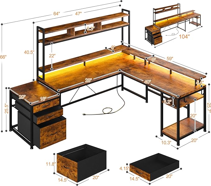 EnHomee 64 x 60 Inches L Shaped Desk with Hutch and Drawers, Gaming Desk with Power Outlet & Monitor Stand & LED Lights, Computer Corner Desk, Two Person Office Desk for Living, Bedroom, Rustic Brown