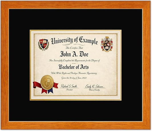 CountryArtHouse Diploma Frame Fits 11 x 8.5 US Letter Certificate - Keepsake Graduation Display Honey Oak Genuine Hardwood with Black Over Metallic Gold Double mat