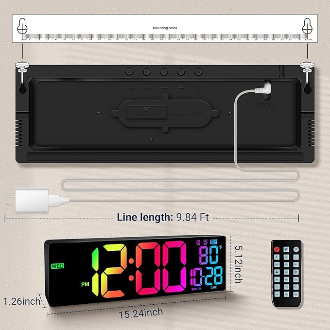 16.5" Large Digital Wall Clock with Remote Control, Auto-Dimming LED Display with Date Temp, Big Number Wall Mount Decor Clock for Seniors, Classroom, Dorm, Home, Office, Gym Colorful