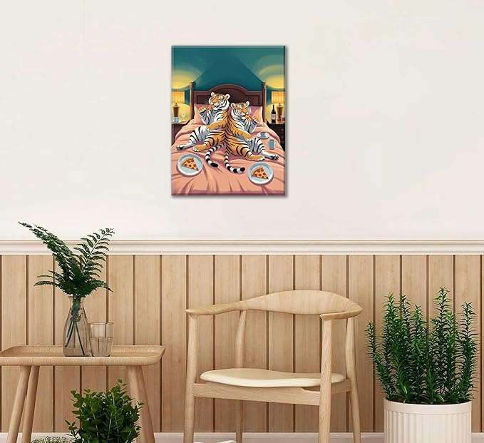 Funny Tiger Canvas Wall Art Fun Tiger Couple Enjoying Pizza In Bed Wall Decor Whimsical Animal Pictures Painting Humorous Decoration Poster Print for Quirky Bedroom Living Room Dining Hall Framed