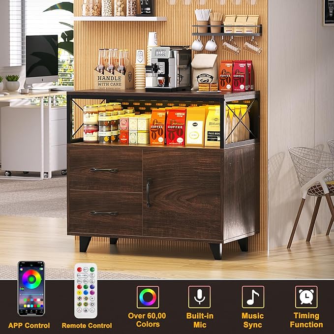 Homieasy Lateral File Cabinet with LED Light, Office Filing Cabinets with 2 Drawers and 1 Door Cabinet, Desk Side Printer Stand with Storage for Office Supplies, Walnut