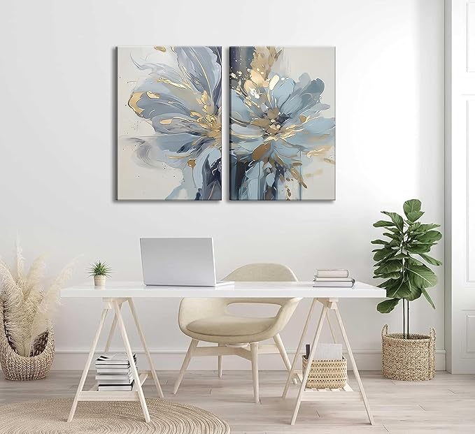 2Pcs Neutral Abstract Floral Canvas Wall Art Luxurious Light Blue Grey And Gold Flower Painting Pictures Wall Decor Poster Print Artwork for Living Room Bedroom Bathroom Home Decoration