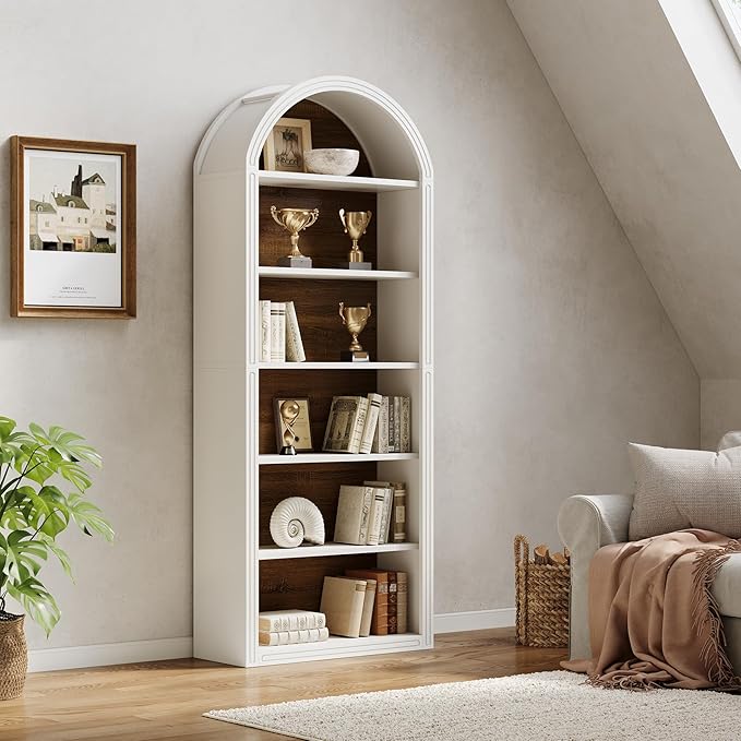 LITTLE TREE 6-Tier Bookcase, 77" Tall Bookshelf with Arched Top, Large Freestanding Wooden Open Bookcase Bookshelf, Modern Display Book Shelf for Living Room, Bedroom, Office, Library, White Brown