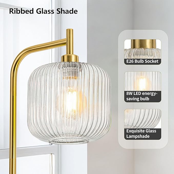 MAYNA Mid Century Modern Floor Lamp, Clear Ribbed Glass Standing Lamp with Built-in Timer Switch, Gold Tall Vintage Lamps for Living Room Bedroom, 2700K LED Bulb Included