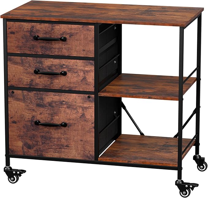 JungleA 3 Drawer Mobile File Cabinet, with 3 Fabric Drawers and 2 Shelves, Mobile Storage Organizer Cart for Office, Study Room, Library, Burnt Texture