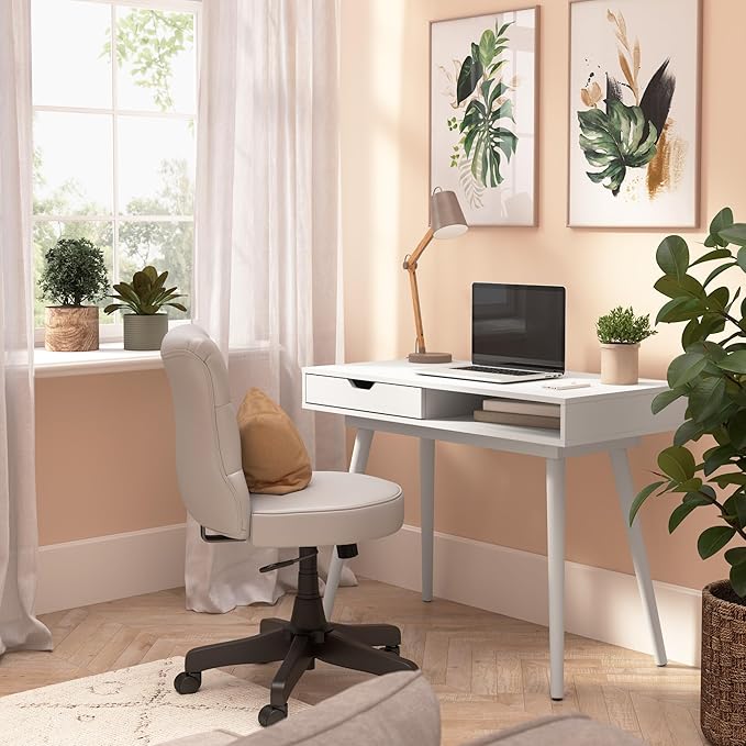 Nora 40W Writing Desk in Pure White | Compact Writing Table with Storage, Workstation for Home Office or Study Room