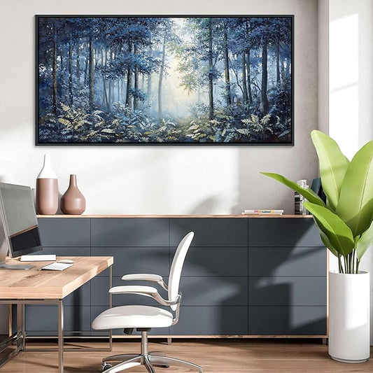 Forest Canvas Wall Art for Living Room - Navy Blue Bedroom Wall Art, Landscape Pictures Wall Decor, Forest Painting, Framed Nature Tree Artwork Walls 20×40IN