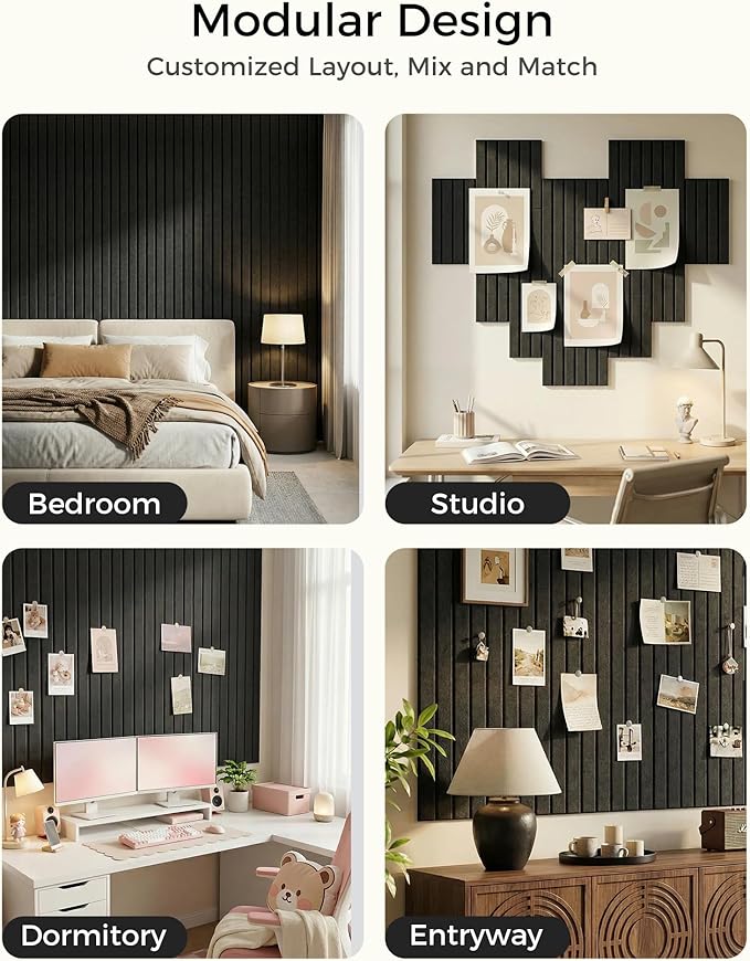 Aothia 12-Pack Large Felt Bulletin Board 48"x36", Modular Pin Board Tiles for Wall, Cork Board Alternative for Office & Classroom, Includes 70 Adhesive Tabs & 40 Pushpins, Black