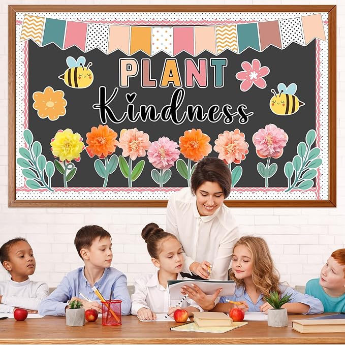 Justforjoyful Spring Bulletin Board Decorations Flower Bulletin Board Set with 3D Tissue Paper Pompoms Bees Cutouts Plant Kindness Floral Decor for School Classroom Home Nursery Chalkboard Wall