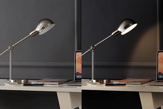 JONATHAN Y 20.25" Nickel Vintage Industrial Iron Adjustable Task Lamp with USB Charging Port for Office Desk, Metal Yellow Dome Shade, LED Bulb Included (JYL7123B)