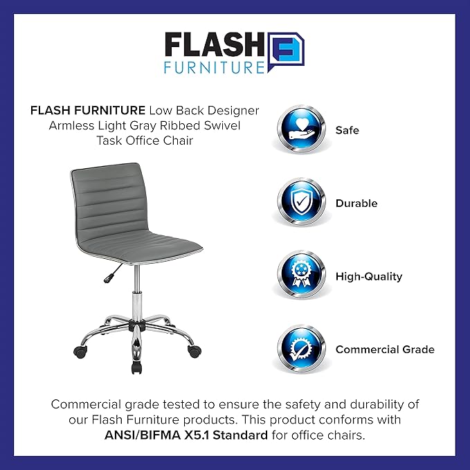 Flash Furniture Alan Low Back Designer Armless Light Gray Ribbed Swivel Task Office Chair