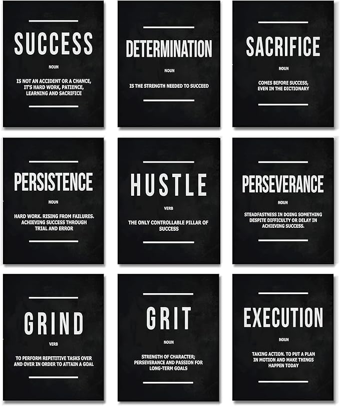 9Pcs Motivational Wall Art Inspirational Quote Canvas Painting Success Entrepreneur Phrases Wall Decor Positive Affirmation Poster Prints for Bedroom Living Room Office Workplace Pictures Unframed