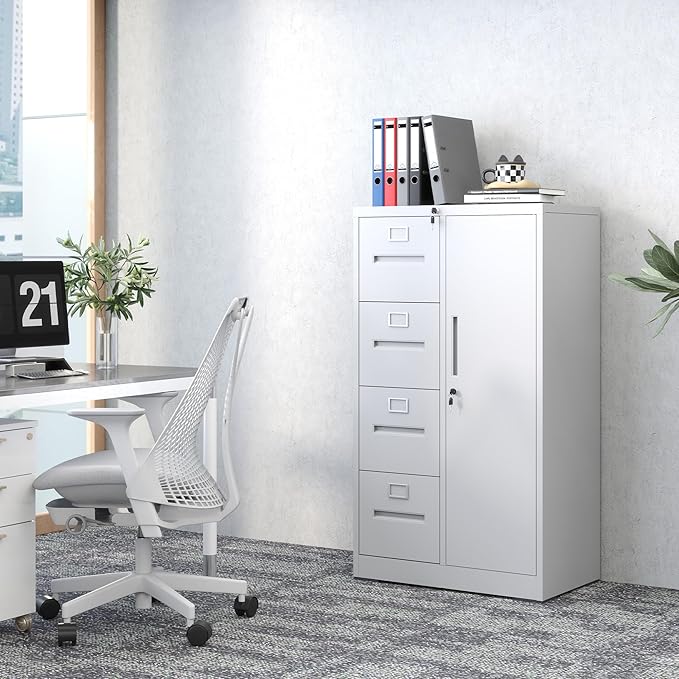 4 Drawer Metal File Cabinet with 1 Door,Steel Storage Locker Cabinets for Employees,Home Office White Filing Cabinets for Legal/Letter Size Files,Assembly Required