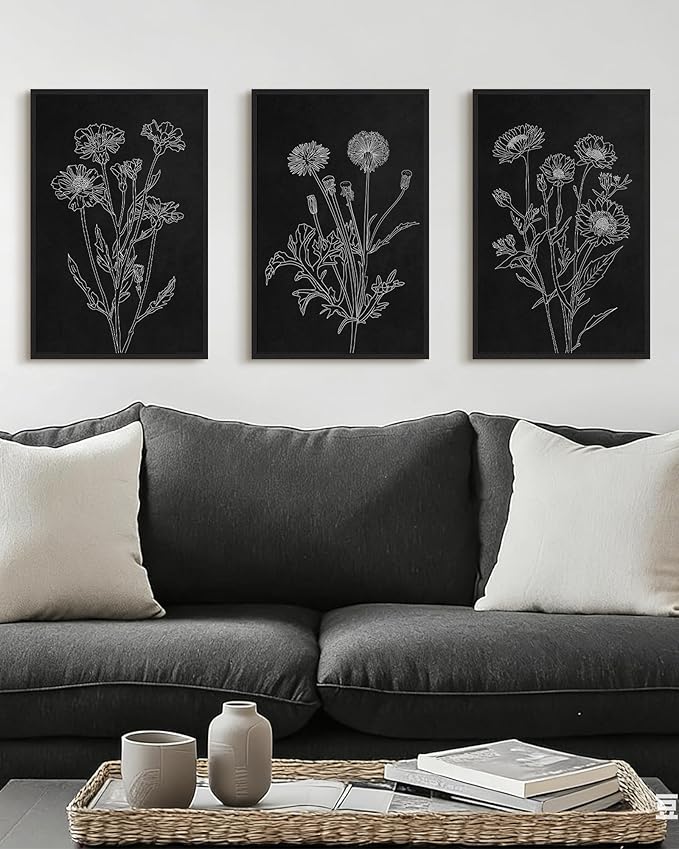 Drsoum Black White Flower Wall Art Vintage Minimalist Floral Wall Hanging Decor Bohemain Botanical Prints Artwork for Bedroom Living Room Hallway 16x24in Black Framed