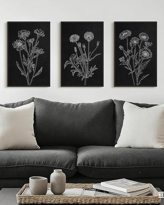 Drsoum Black White Flower Wall Art Vintage Minimalist Floral Wall Hanging Decor Bohemain Botanical Prints Artwork for Bedroom Living Room Hallway 16x24in Black Framed