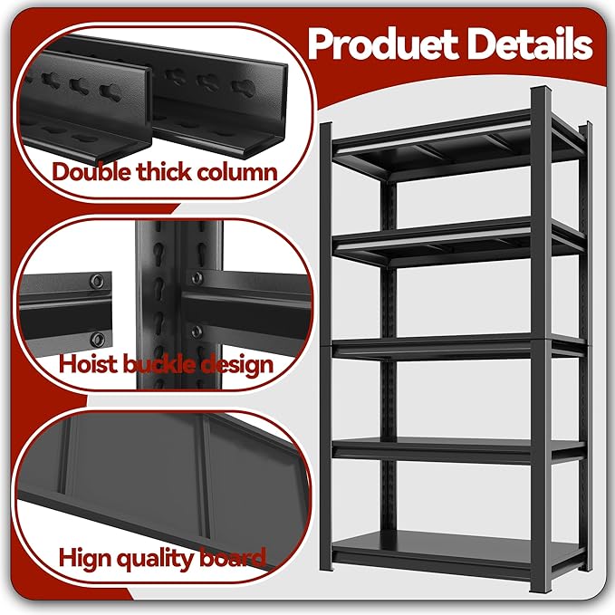 5 Tier Tall Bookcase - Industrial Metal Bookshelf, Adjustable Wide Shelves for Heavy Duty Storage in Bedroom/Living Room/Library, Black Organizer