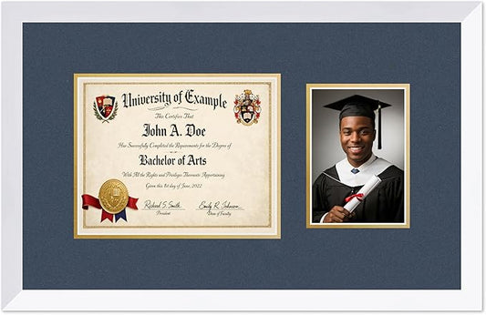 CountryArtHouse Fits 10 x 8 Professional License and 5 x 7 Photo Diploma and Photo Frame Bright White Genuine Hardwood with Navy Blue Over Metallic Gold Double mat
