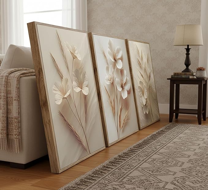 3Pcs Neutral Beige Floral Botanical Canvas Wall art Modern Simple Texture Flower Plant Painting Picture Wall Decor Vintage Blossom Poster Print Artwork for Living Room Bedroom Bathroom Unframed